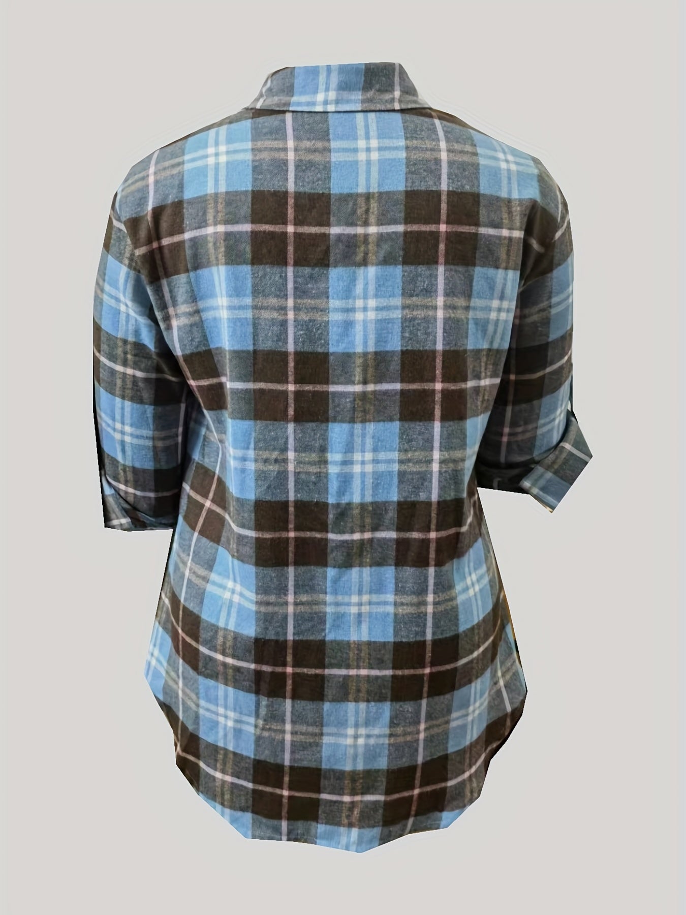  Plaid Print Long Shirt Button Front Collar