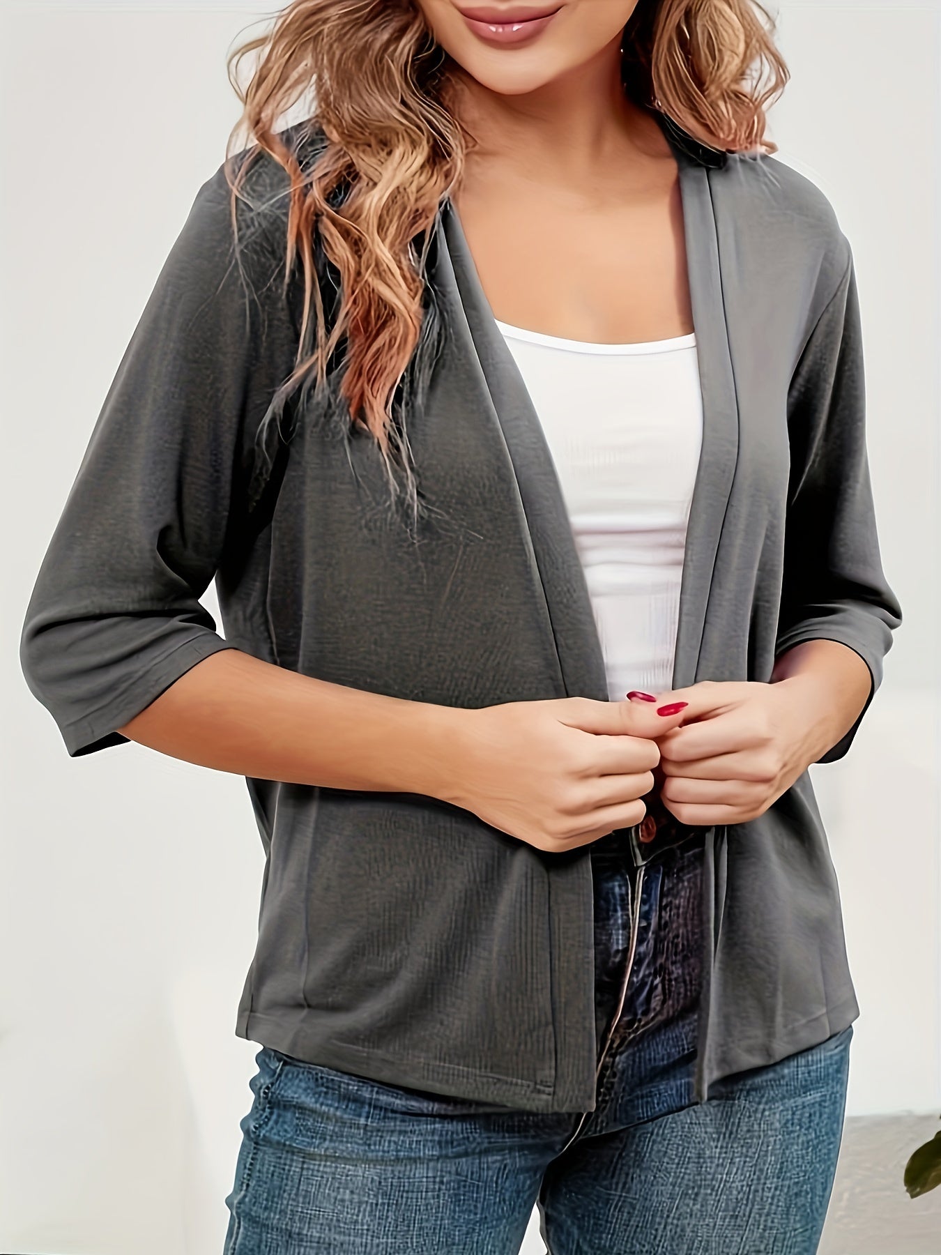  Solid Half Sleeve Open Front Cardigan