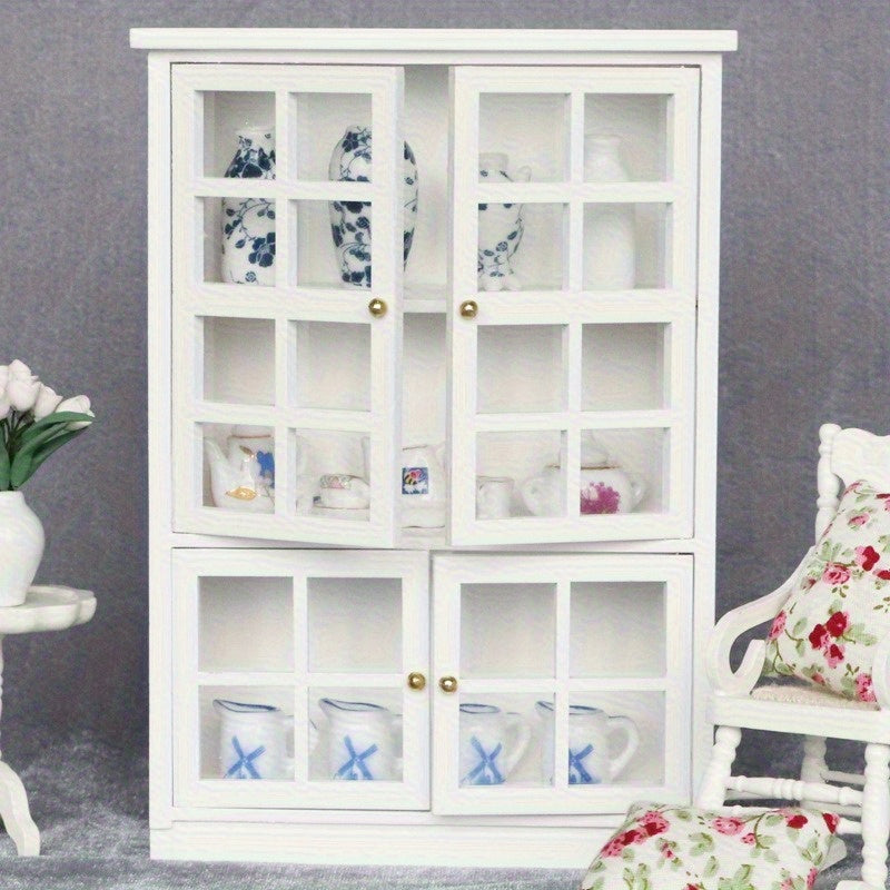 1:12 Scale Dollhouse Cabinet with Grey Glass Panels Golden Handles