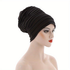 Layered Pleated Turban Cap Elastic Head Wrap Solid Ramadan Head Scarf