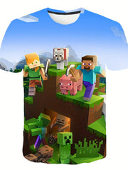 Boy's Cartoon Block Graphic Tee for Summer