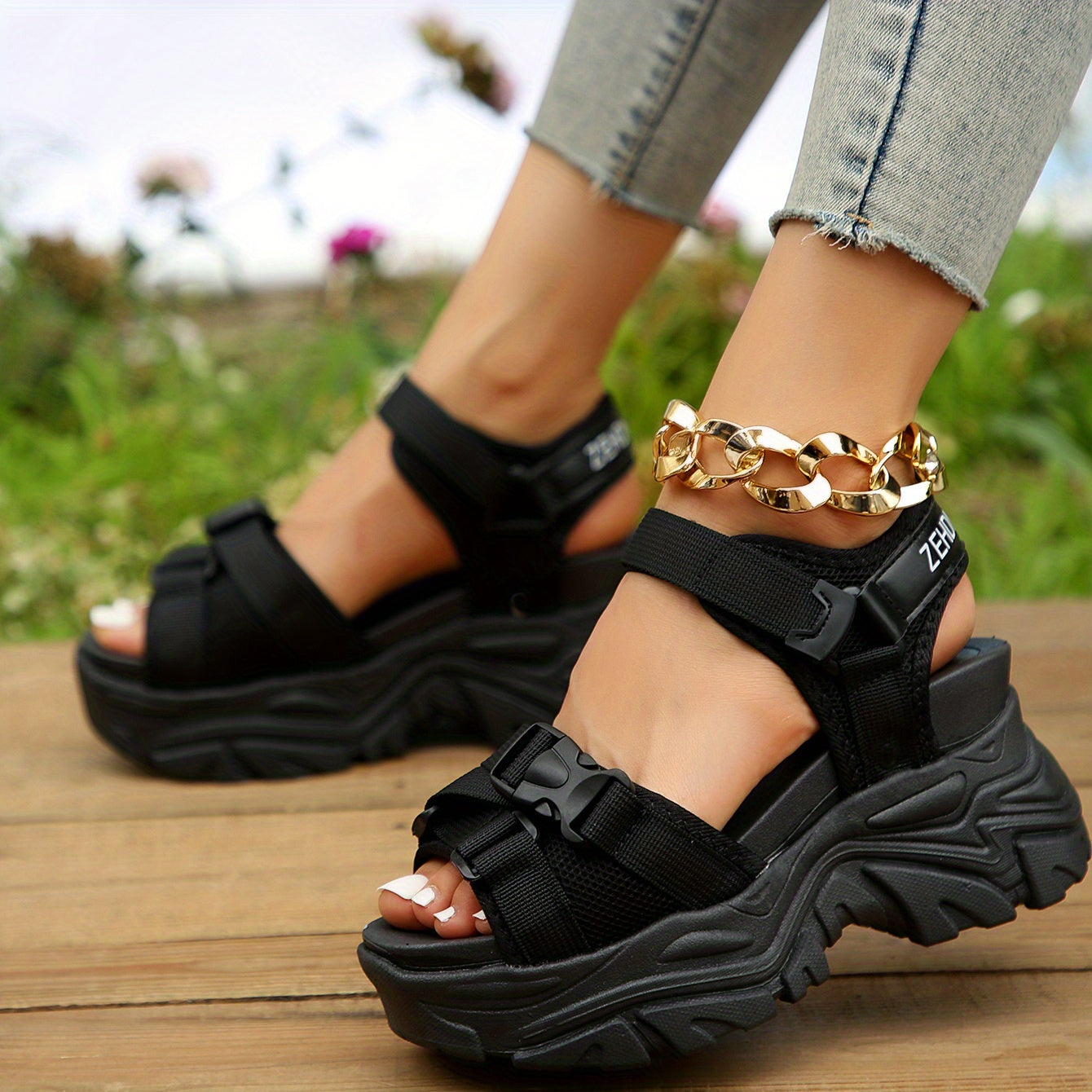 Women's Platform Sandals Hook & Loop Strap Comfort Shoes