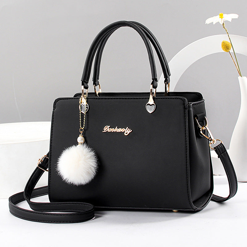 Plush Ball Decor Satchel Bag Solid Hand Bag Women's Shoulder Purse
