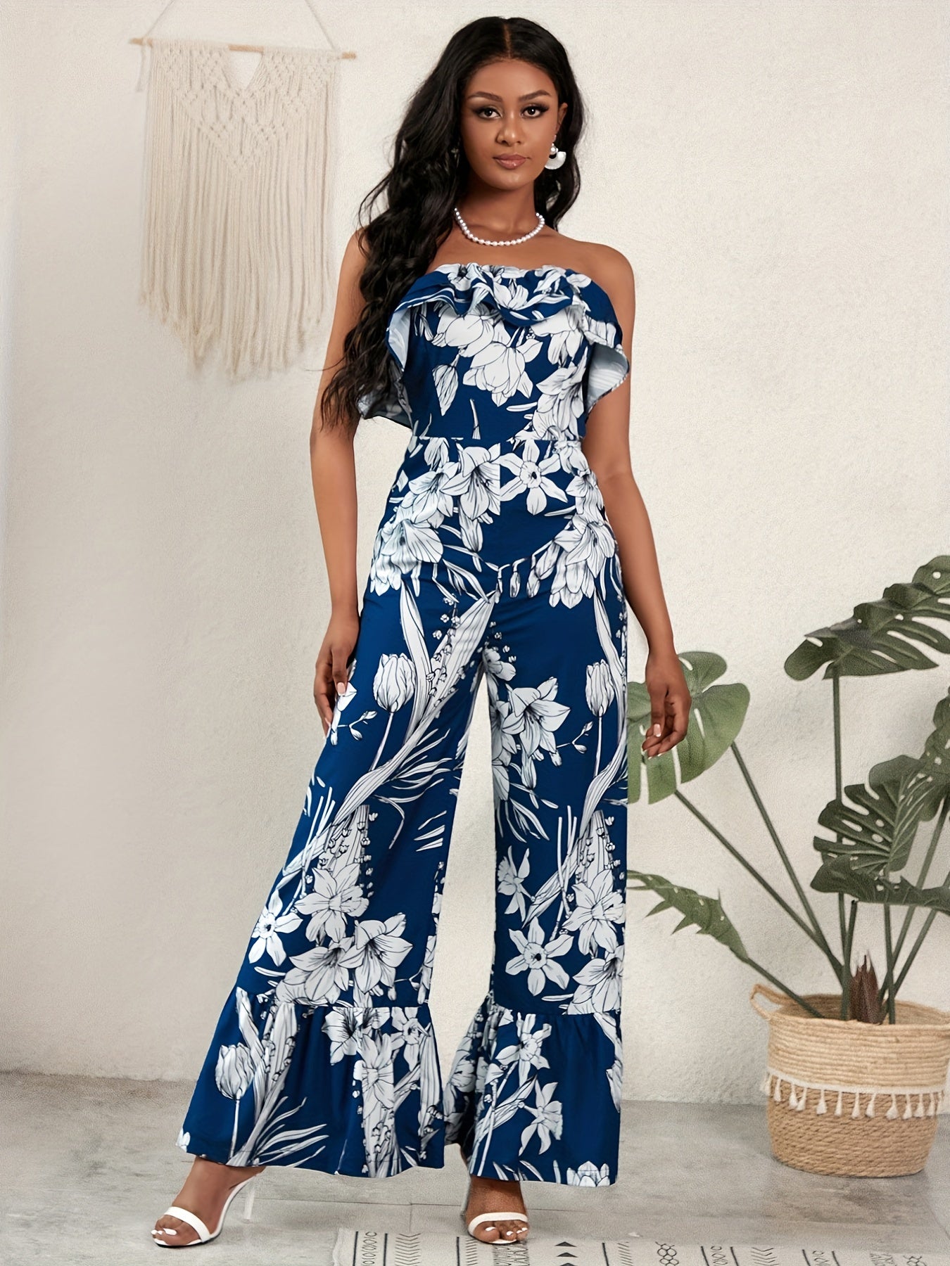 Floral Off Shoulder Jumpsuit High Waist Vacation Wear
