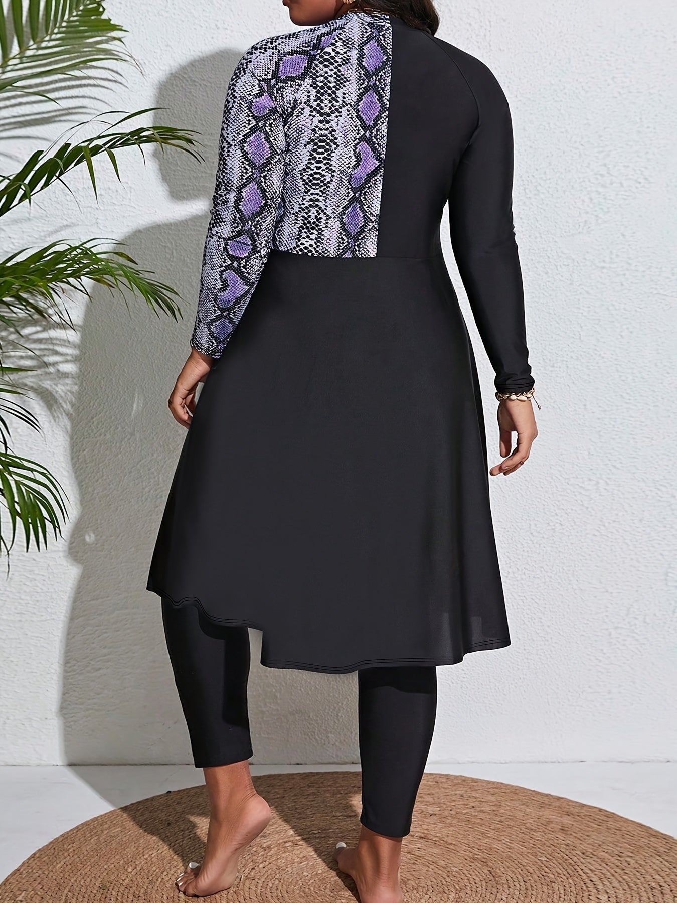  Colorblock Snake Print Long Sleeve Round Neck Stretch Dress