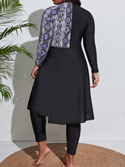 Colorblock Snake Print Long Sleeve Round Neck Stretch Dress