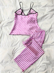 Stripe Print Pajama Set V Neck Cami Top & Pants Women's Loungewear