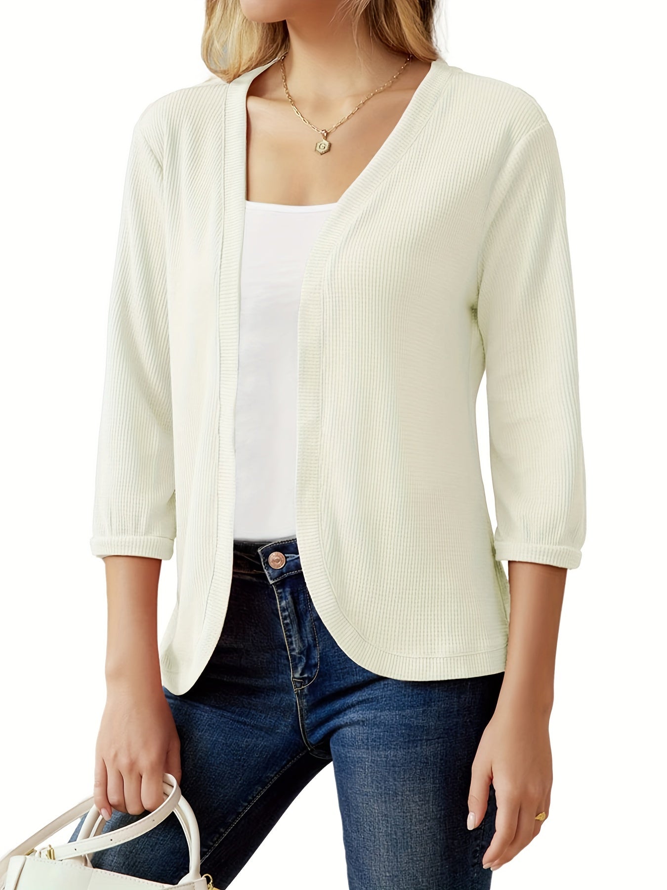  Solid Three Quarter Sleeve Open Front Waffle Knit Cropped Cardigan