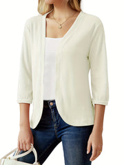  Solid Three Quarter Sleeve Open Front Waffle Knit Cropped Cardigan