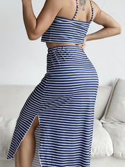 Striped Print Lounge Set Crew Neck Cami Top & Split Skirt Women's Loungewear