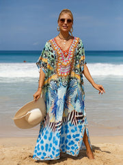  Boho Cover Up Women's Plus Tropical Print Bat Sleeve V Neck