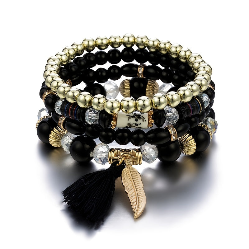 Bohemia Beaded Bracelets Tassels & Leaves Pendant Vintage Bracelet Set