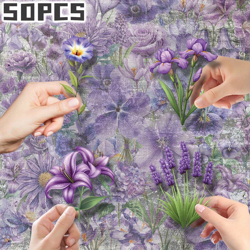 50pcs Purple Floral Stickers Transparent Shapes Self Adhesive Deca