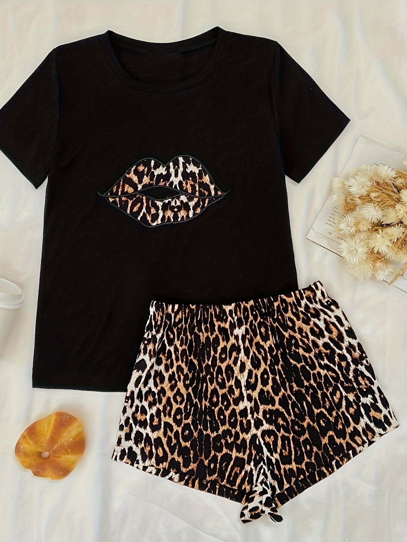 Leopard Print Lounge Set Short Sleeve Crew Neck Top & Elastic Waistband Shorts