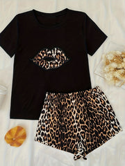 Leopard Print Lounge Set Short Sleeve Crew Neck Top & Elastic Waistband Shorts