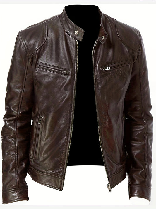 Men's Casual Solid Zip Up Stand Collar Faux Leather Jacket