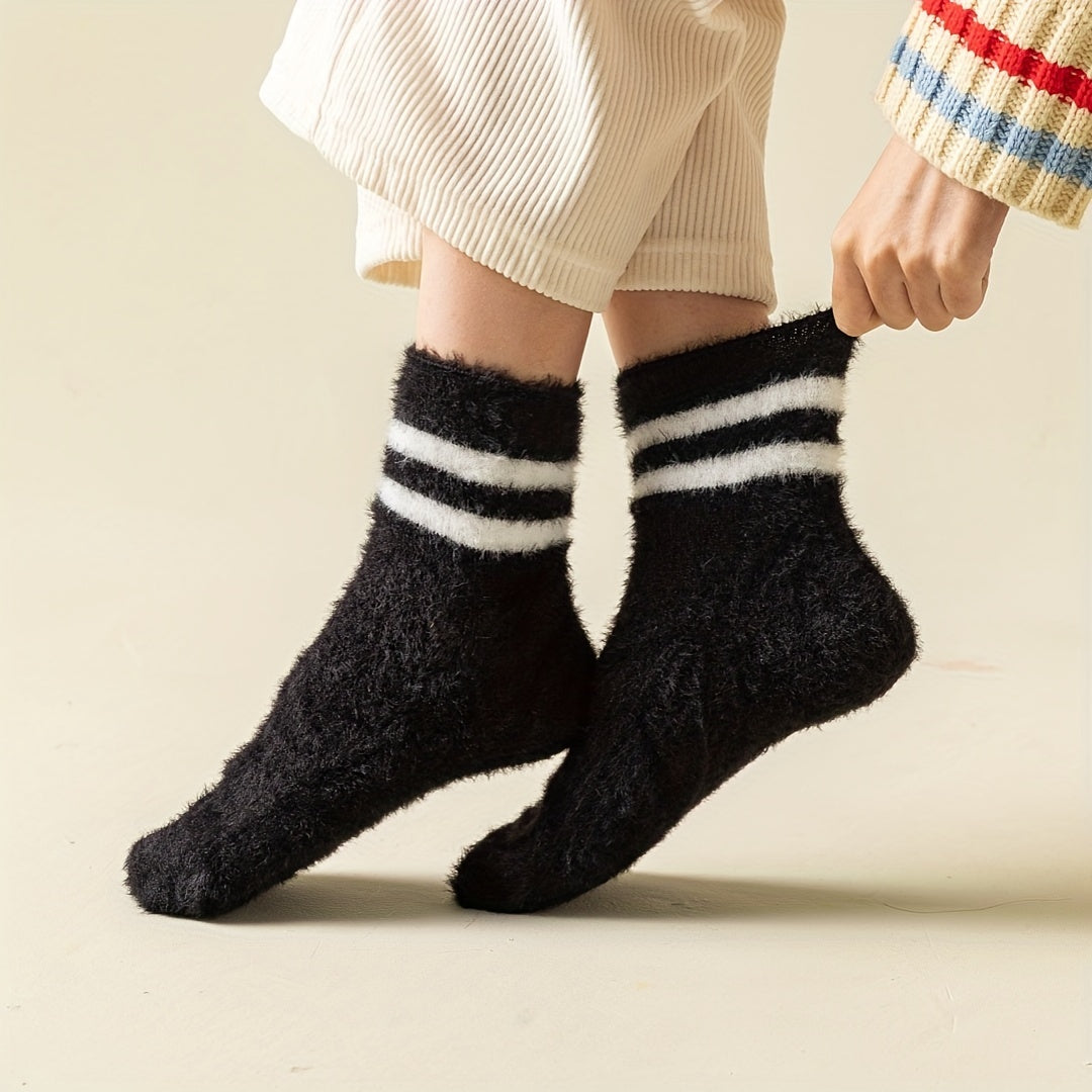3 Pairs Warm Fuzzy Crew Socks For Winter Women's Stockings