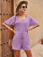 Casual V Neck Short Sleeve Summer Romper With Pockets