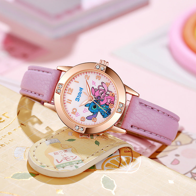 Stitch Digital Watch Pink Strap Golden Case Birthday Gift Student Prize