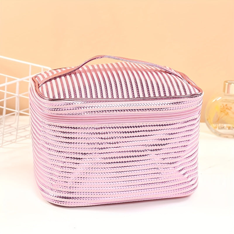 Stripe Printed Glossy Cosmetic Bag Waterproof Makeup Handbag