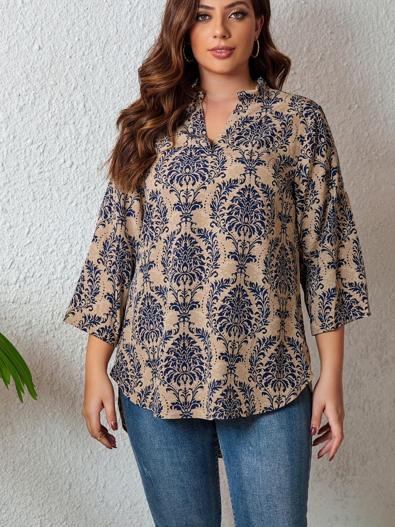  Boho Blouse Women's Plus Damask Print Notched Neck Blouse