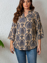 Boho Blouse Women's Plus Damask Print Notched Neck Blouse
