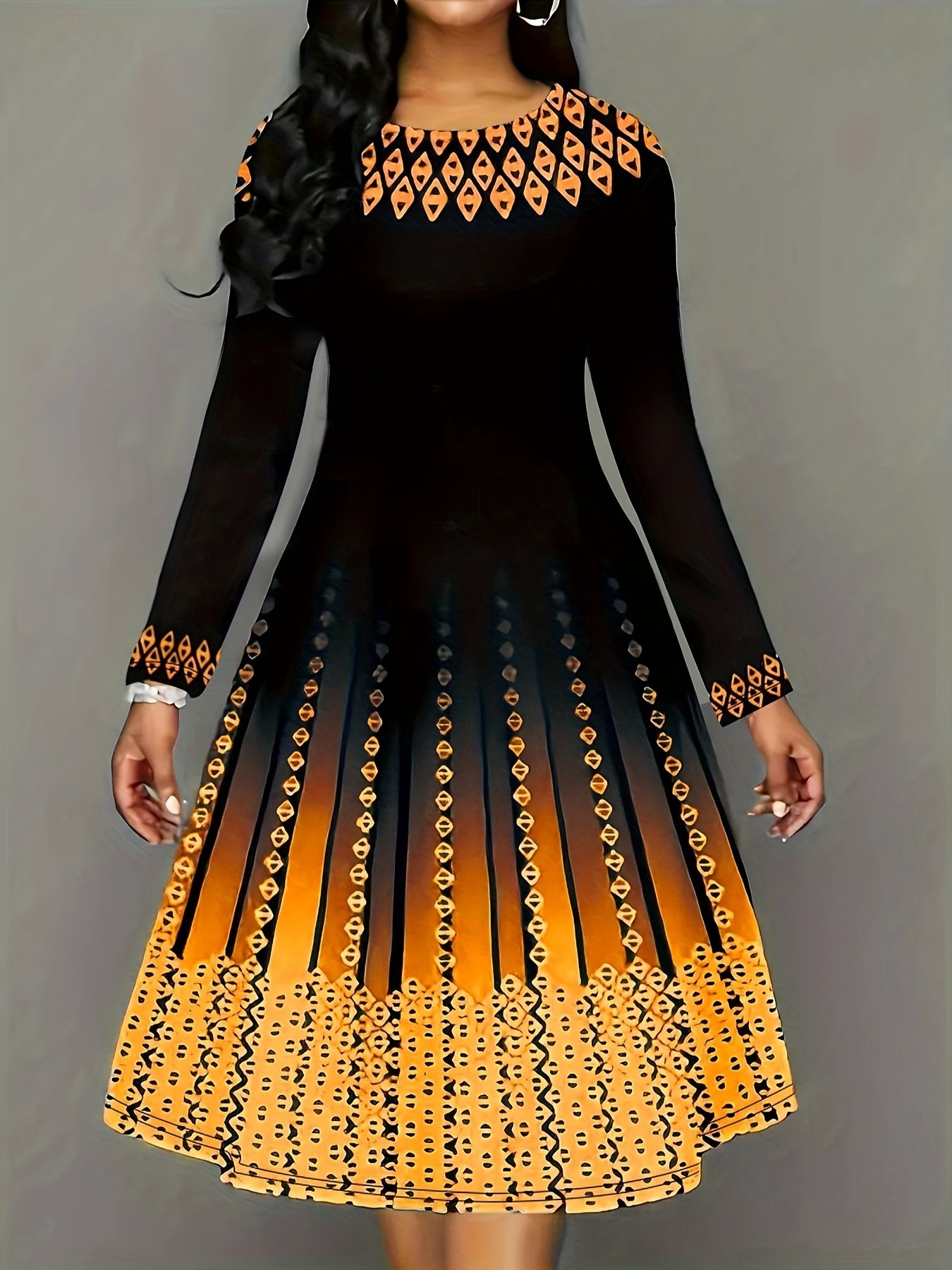  Geometric Print Long Sleeve Round Neck Dress