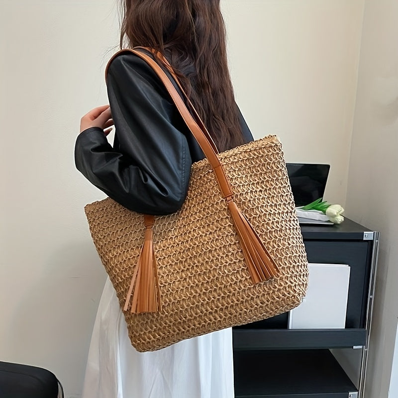 Colorblock Straw Tote Bag Woven Shoulder Bag With Tassel Decor