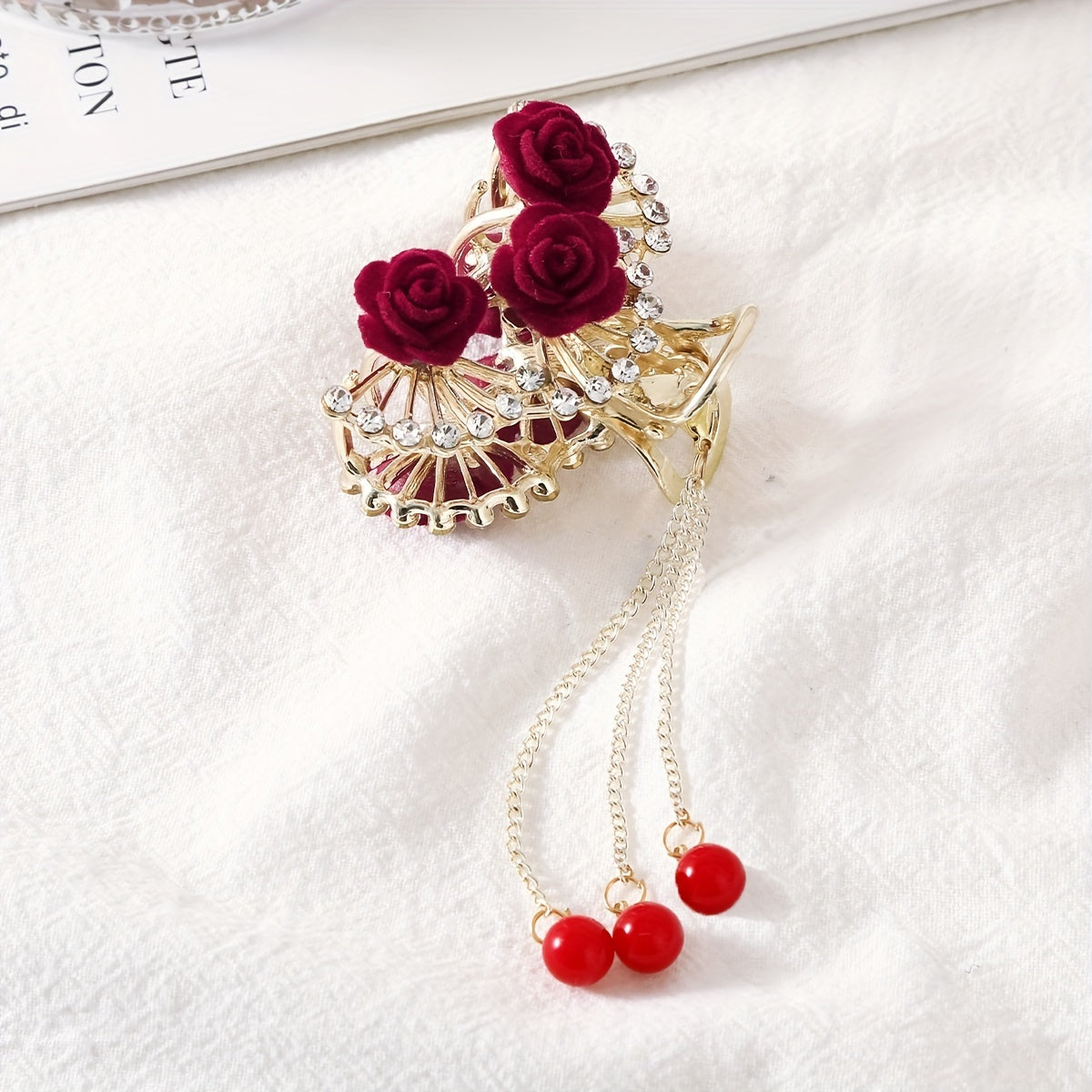 Flocked Rose Flower Hair Claw Clip Rhinestone Tassel Hair Clip