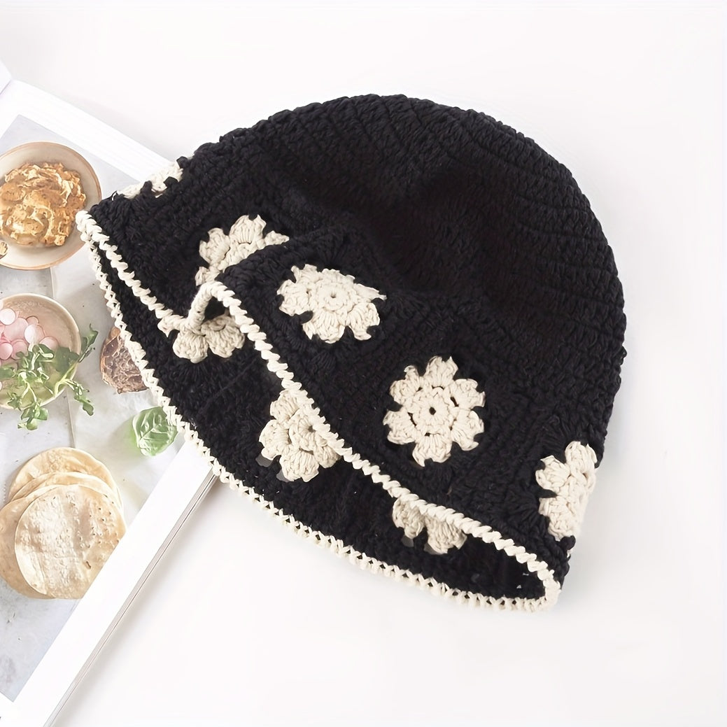 Flower Crochet Bucket Hat Thin Beanie Lightweight Block Cl