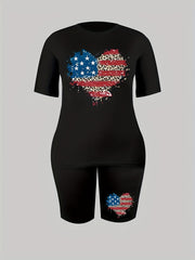  Flag & Leopard Heart Print Crew Neck Top & Shorts Set
