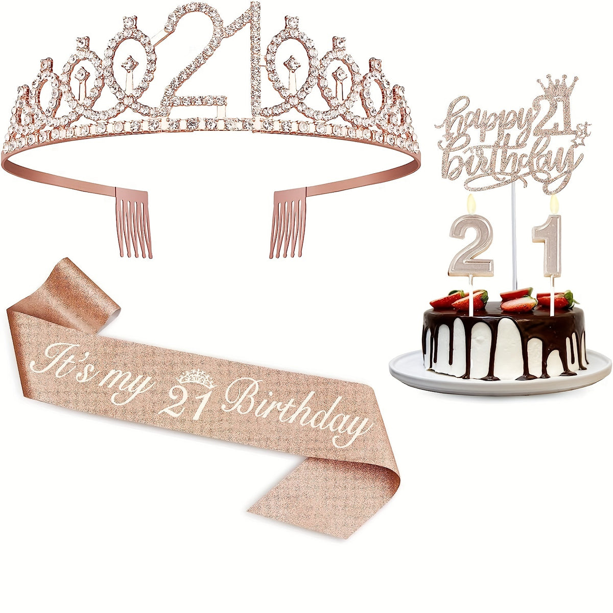 21st Birthday Decorations Set for Women - Sash, Cake Topper, Crown, Candles