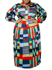  Colorblock Lantern Sleeve Maxi Dress