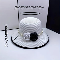 Straw Bucket Hat with Faux Pearl Hatband & Flower Decor