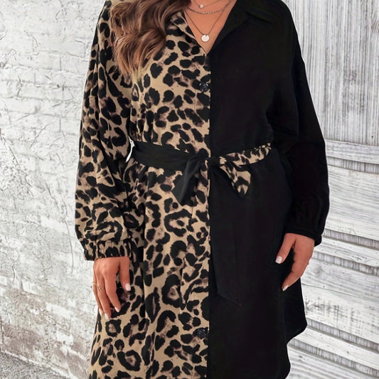  Colorblock Leopard Print Long Sleeve Shirt Dress