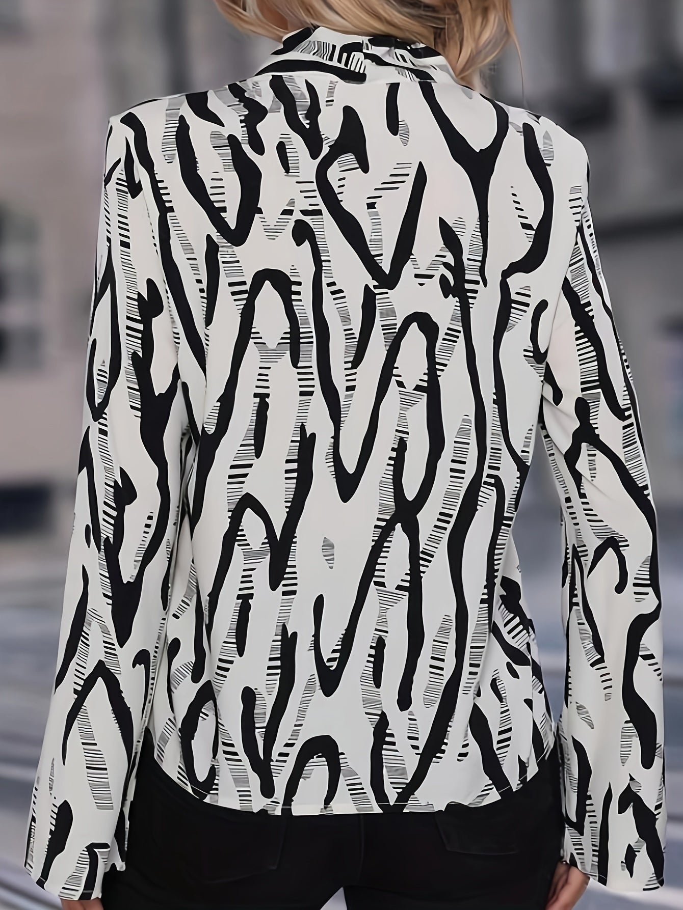  Abstract Stripe Print Long Sleeve Tie Neck Blouse