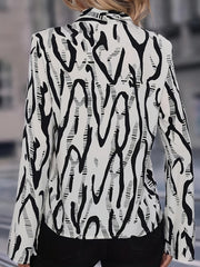  Abstract Stripe Print Long Sleeve Tie Neck Blouse