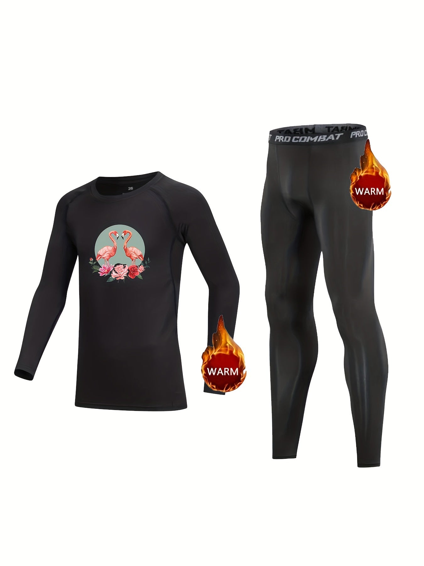 Kids Compression Fleece Sets Cartoon Animal Pattern Crew Neck Pullover & Pants