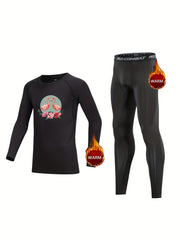 Kids Compression Fleece Sets Cartoon Animal Pattern Crew Neck Pullover & Pants