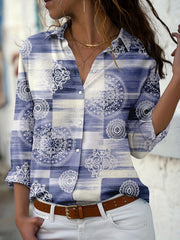  Boho Blouse Women's Plus Colorblock Floral Print Button Up