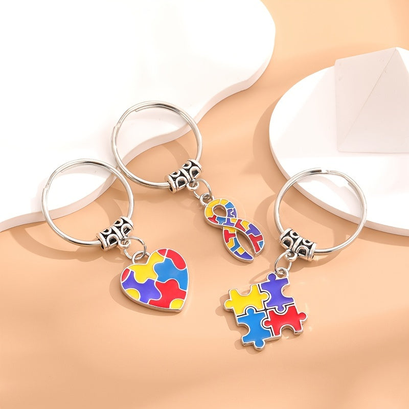 Metal Keychain Diy Four Peach Hearts Squares Ribbon Puzzle Car Keychain