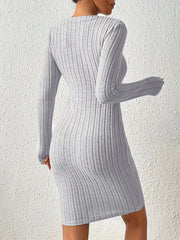  Solid Button Decor Crew Neck Sweater Dress Long Sleeve Ribbed Knit