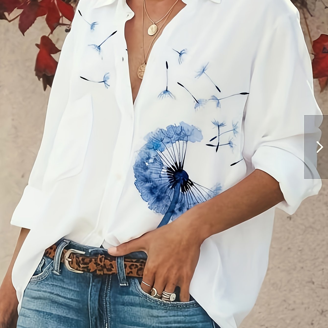  Dandelion Print Long Sleeve Button Up Collar Shirt