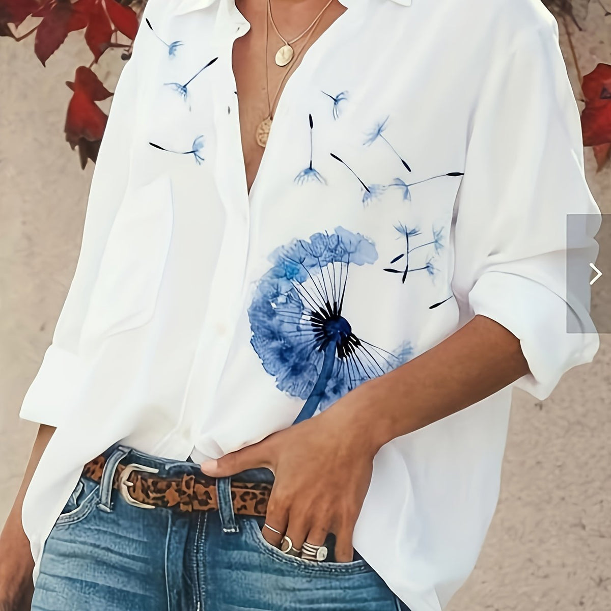  Dandelion Print Long Sleeve Button Up Collar Shirt
