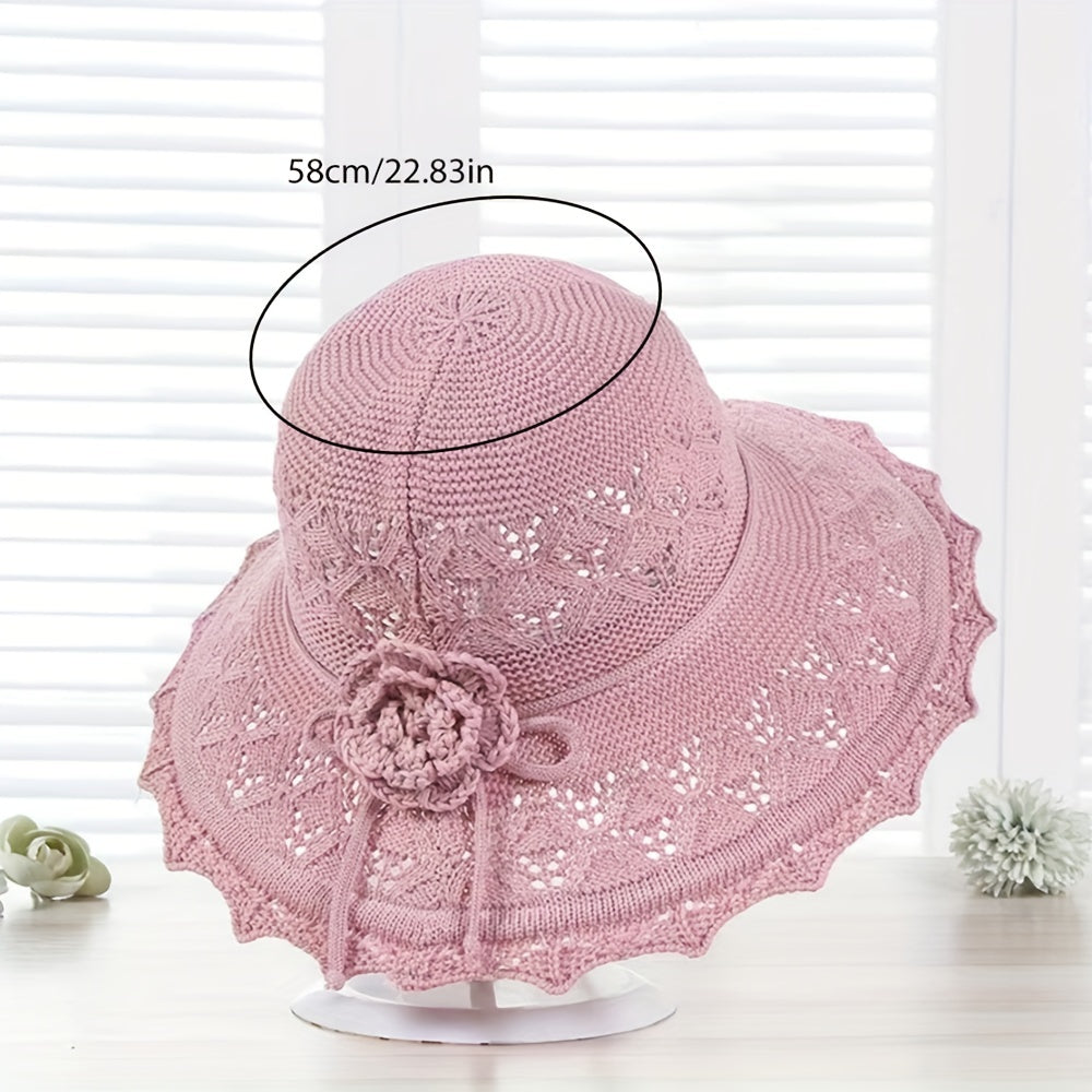 Khaki Hollow Knitted Sun Hat Flower Foldable Travel Beach Casual Bucket Hat