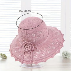 Khaki Hollow Knitted Sun Hat Flower Foldable Travel Beach Casual Bucket Hat