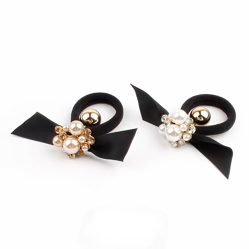 Faux Pearl & Bow Hair Tie Elastic Ponytail Holder