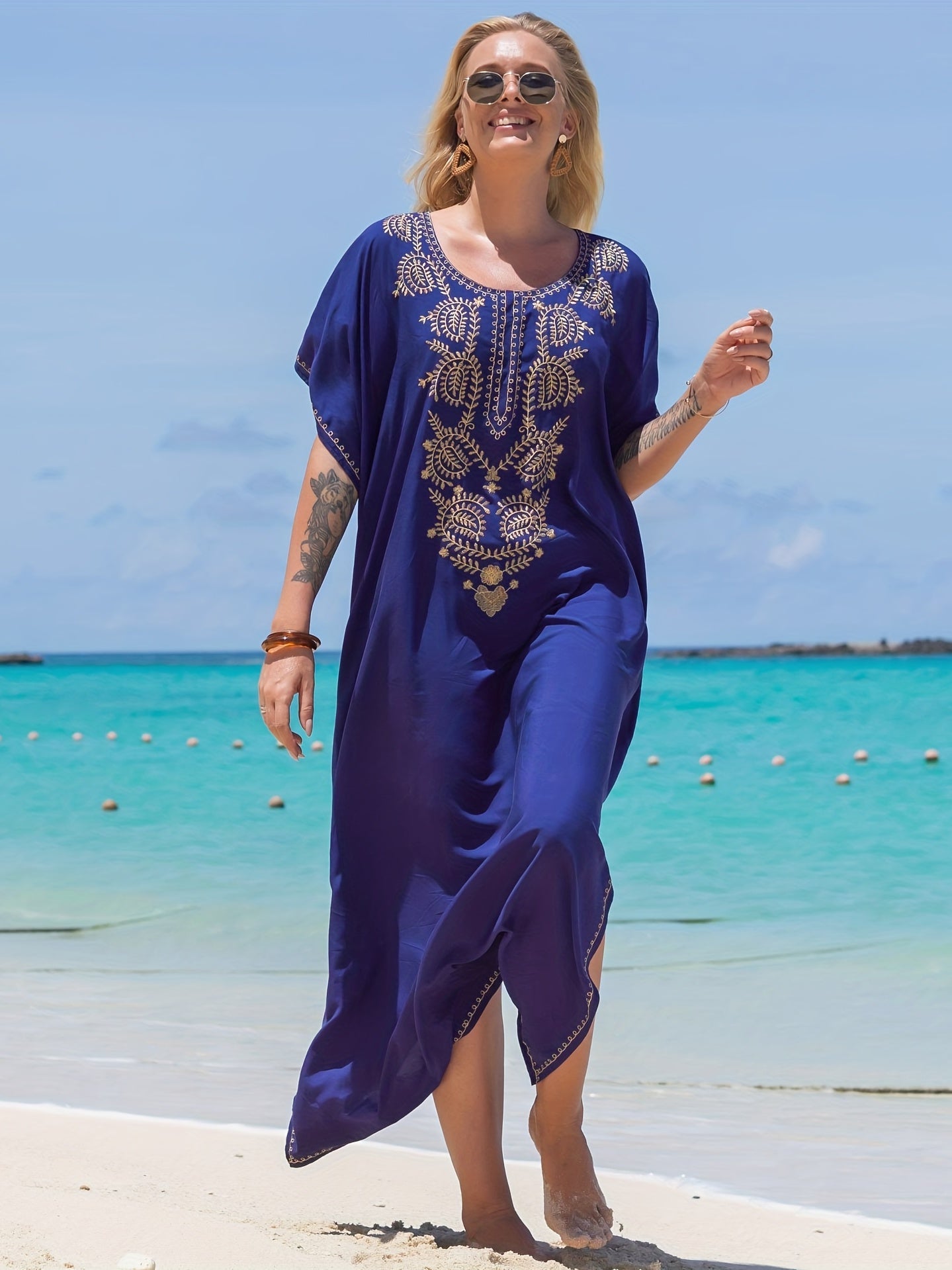  Boho Kaftan Dress Women's Plus Tribal Embroidered Batwing Sleeve