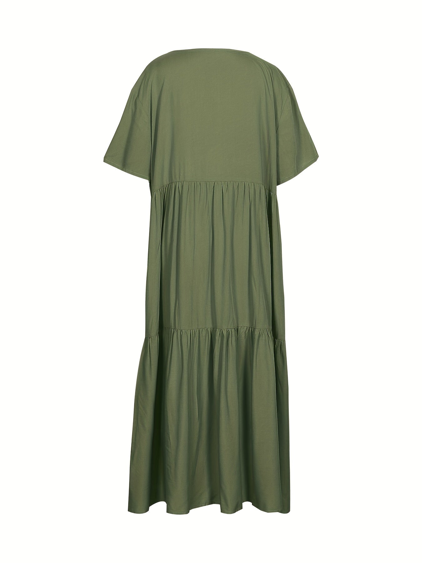  Solid V Neck Ruffle Trim Smock Dress