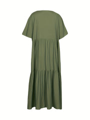  Solid V Neck Ruffle Trim Smock Dress